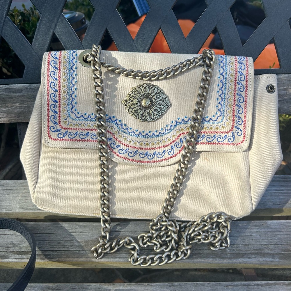 Embroidered Cream Chain Shoulder Bag